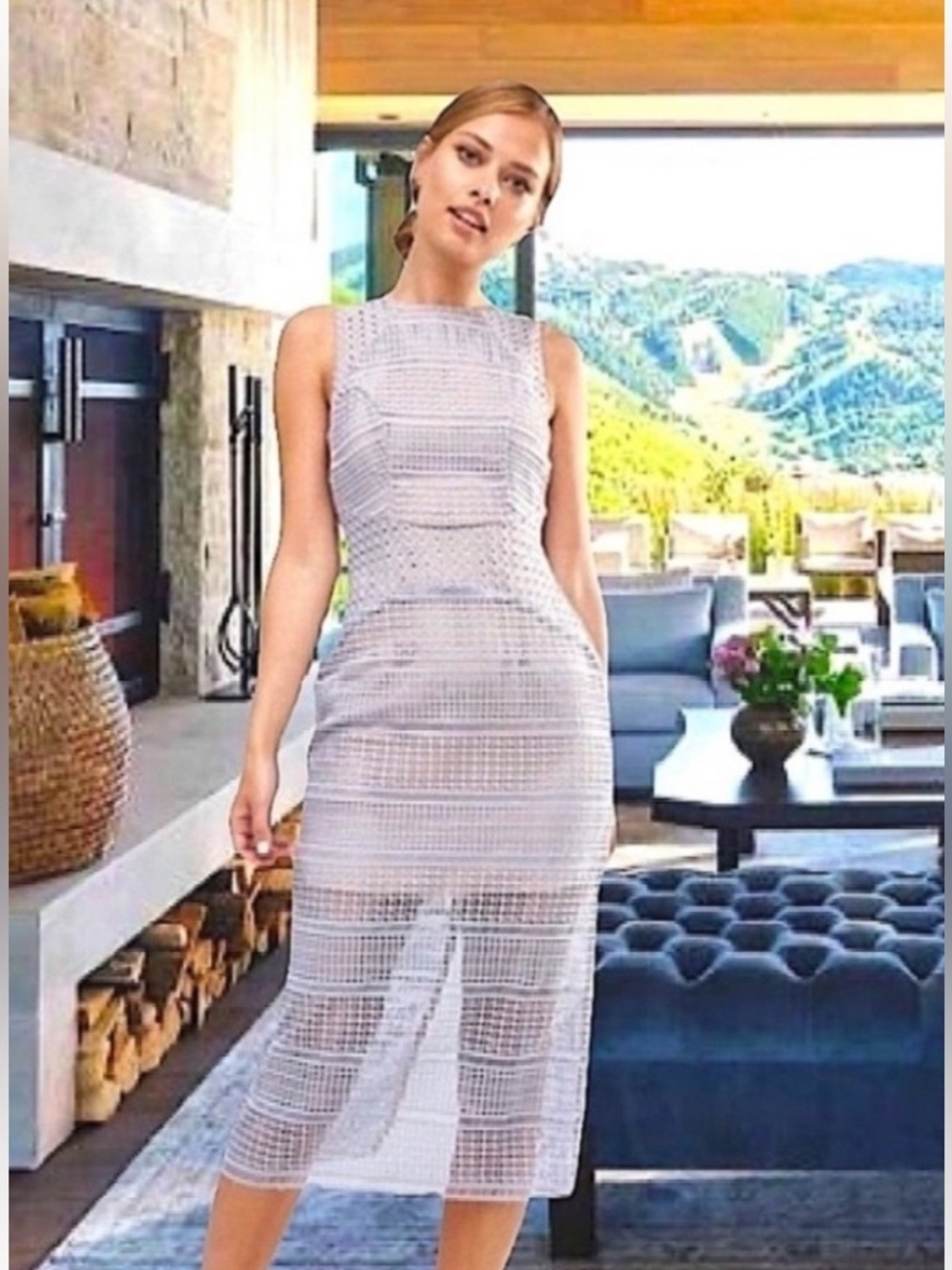 NWT Keepsake The Label Pastel Blue Sweet Nothing Geometric Lace MIDI Dress Small